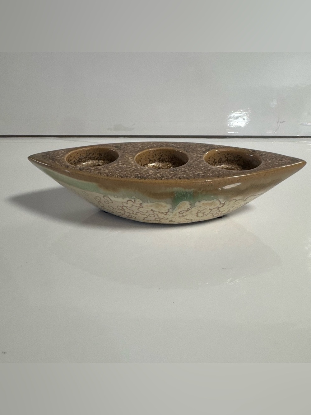 Vintage Ceramic 3 Cup Candle Holder Brown Green Speckled Boat-Shaped Decor RARE